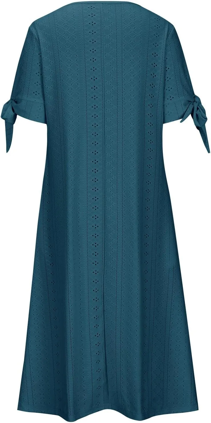 Summer Dresses for Women 2024 Casual V Neck Eyelet Boho Maxi Dresses Trendy Short Sleeve Beach Vacation Outfits with Pocket