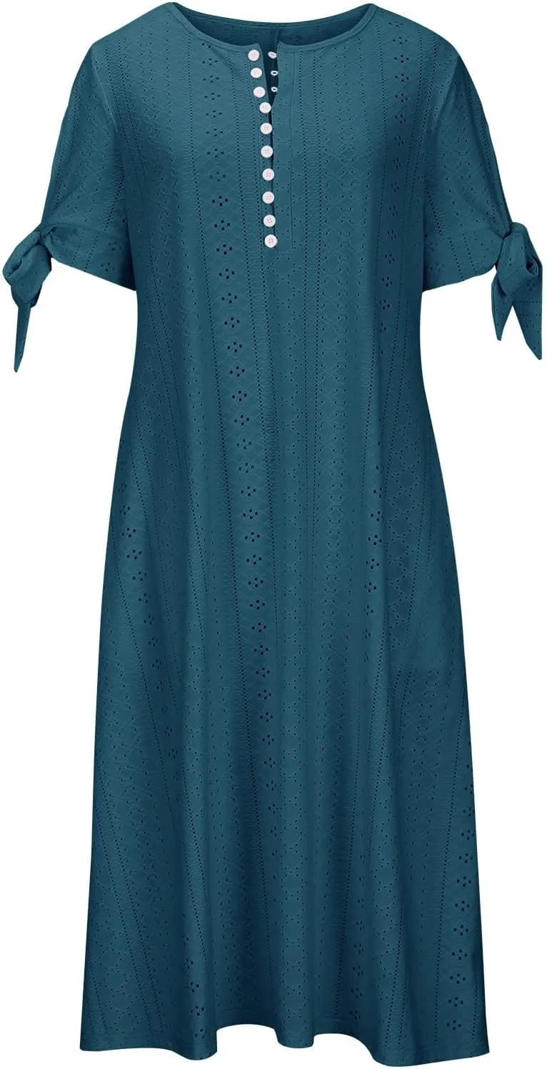 Summer Dresses for Women 2024 Casual V Neck Eyelet Boho Maxi Dresses Trendy Short Sleeve Beach Vacation Outfits with Pocket