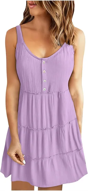 Summer Dresses for Women 2024 Sleeveless Casual Button Down Sundress Loose Ruffle Tiered Swing Beach Dress Mini Dress
