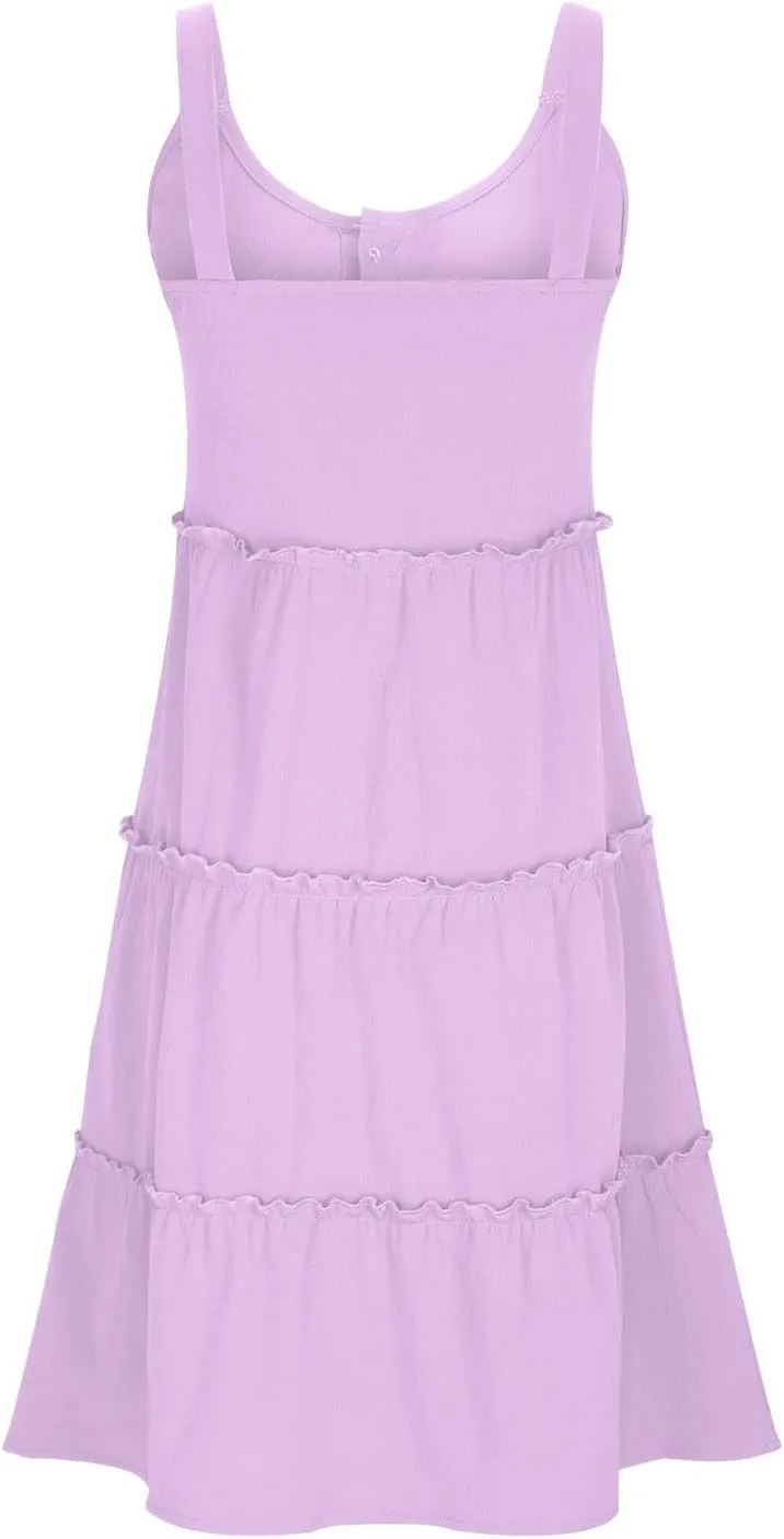 Summer Dresses for Women 2024 Sleeveless Casual Button Down Sundress Loose Ruffle Tiered Swing Beach Dress Mini Dress