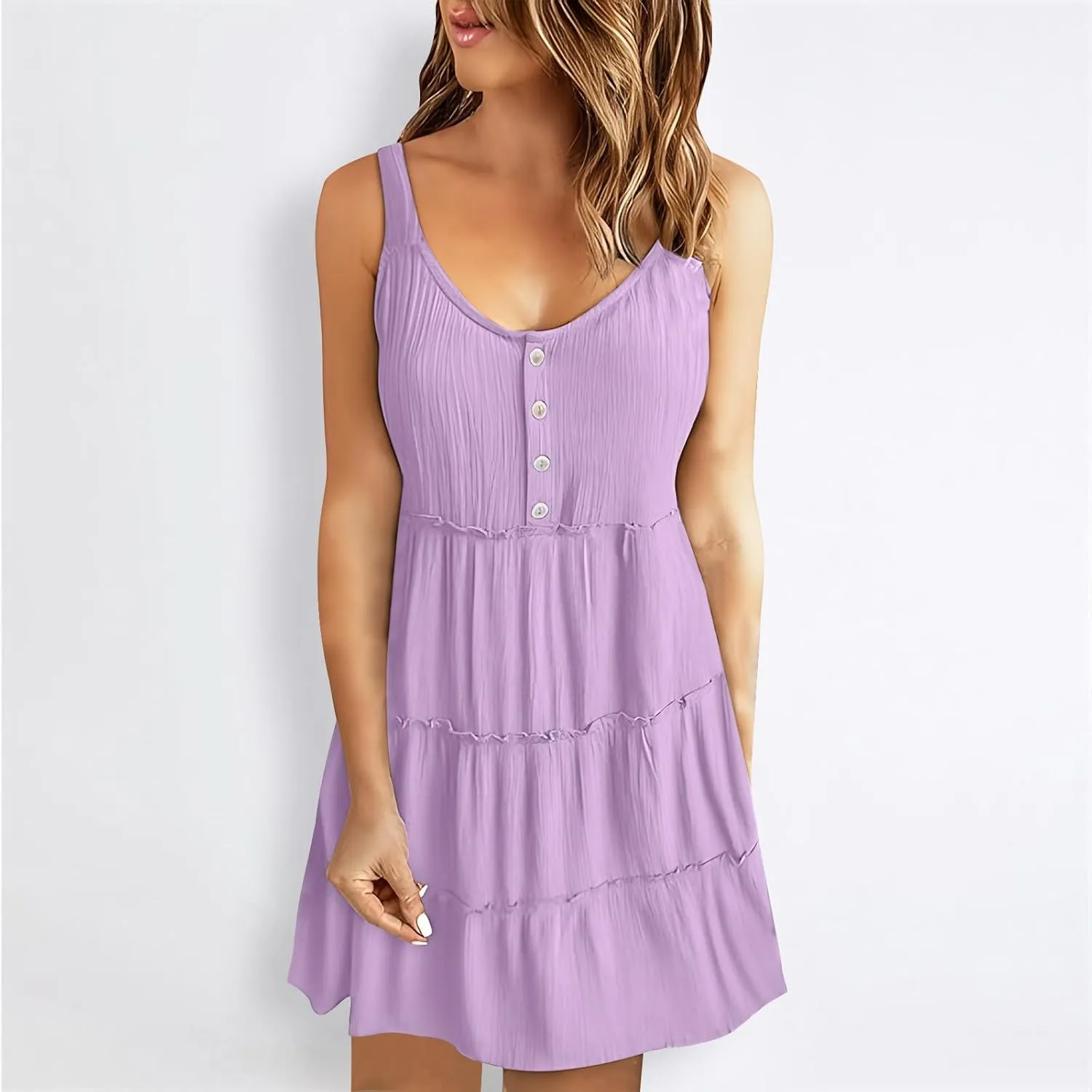 Summer Dresses for Women 2024 Sleeveless Casual Button Down Sundress Loose Ruffle Tiered Swing Beach Dress Mini Dress