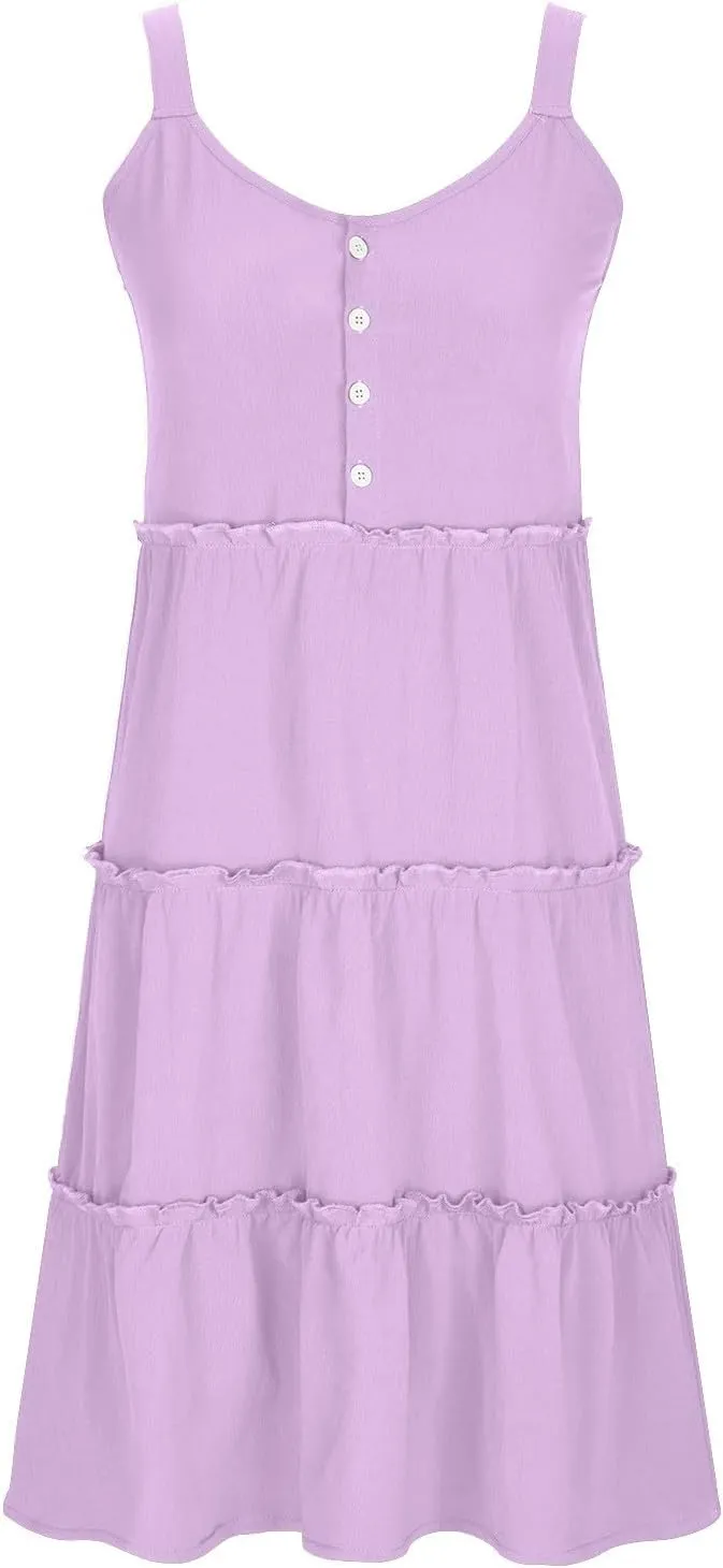 Summer Dresses for Women 2024 Sleeveless Casual Button Down Sundress Loose Ruffle Tiered Swing Beach Dress Mini Dress