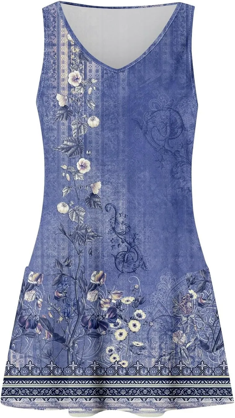 Summer Dresses for Women 2025 Casual V Neck Sleeveless Sundresses Boho Tank Dress Beach Dresses with Pockets
