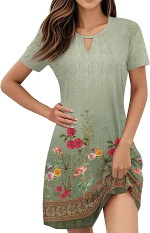 Summer Dresses for Women 2025 Crew Neck Short Sleeve Mini Dress for Women Sexy Flowy Skirt Trendy Clothes Sundress