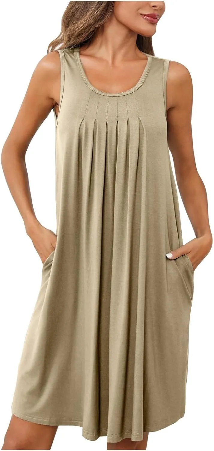 Summer Dresses for Women 2025 Loose Beach Vacation Casual Crew Neck Sleeveless Sundresses with Pockets Tank Dress
