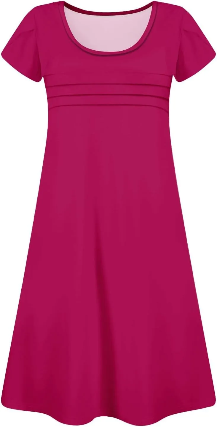 Summer Dresses for Women 2025 Petal Sleeve T Shirt Dress Pleated Solid Color Mini Sundress Clothes with Pockets