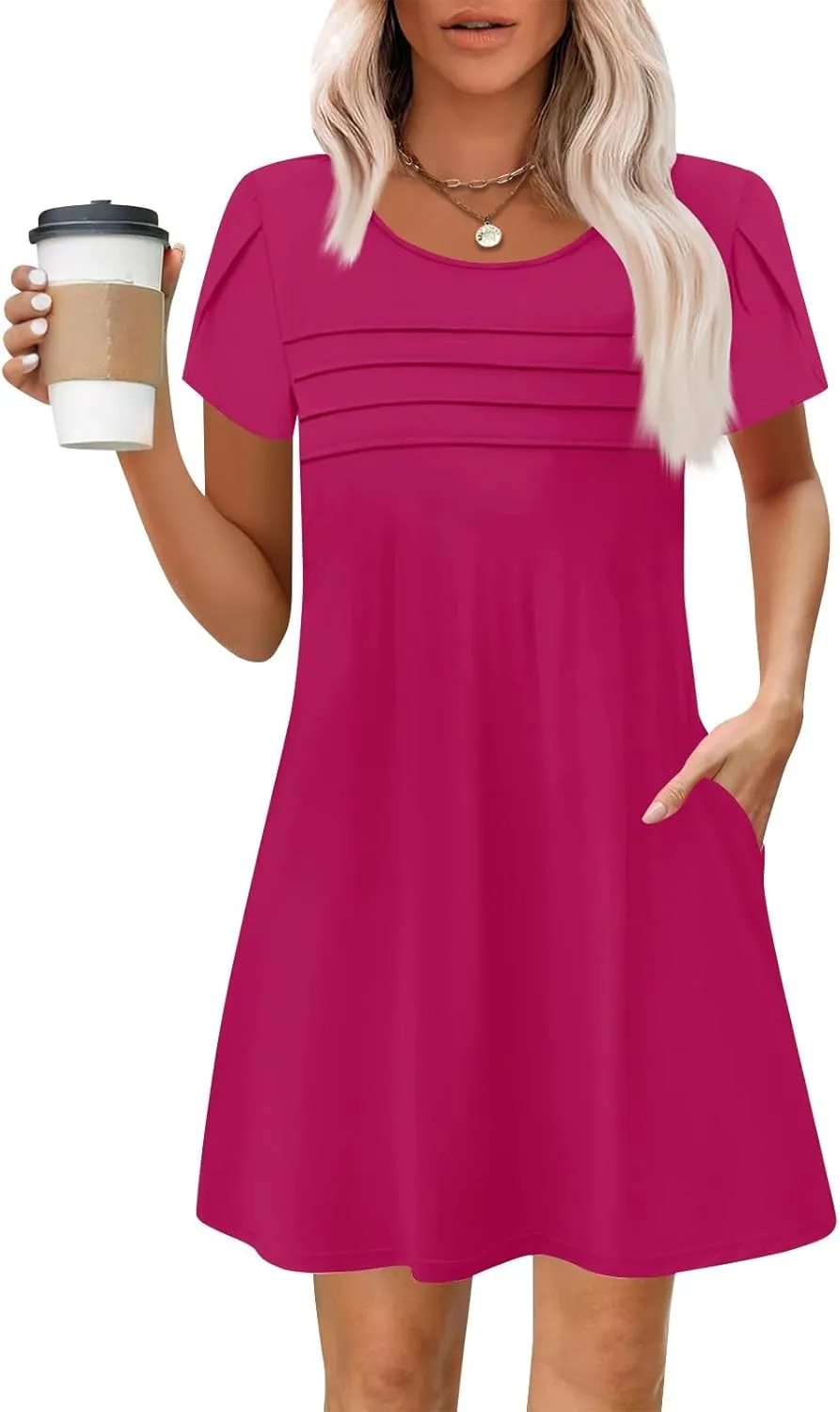Summer Dresses for Women 2025 Petal Sleeve T Shirt Dress Pleated Solid Color Mini Sundress Clothes with Pockets