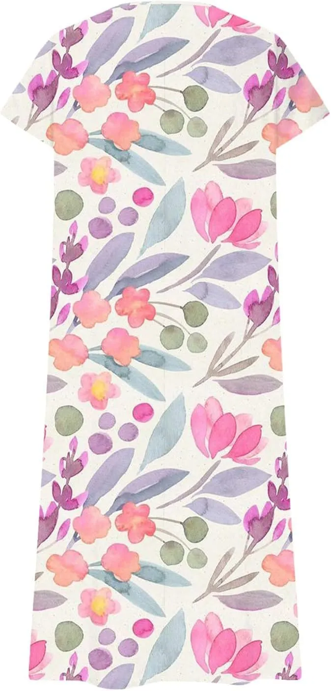 Summer Dresses for Women 2025 Short Sleeve V Neck Casual Loose Dresses Bohemian Floral Print Sundress