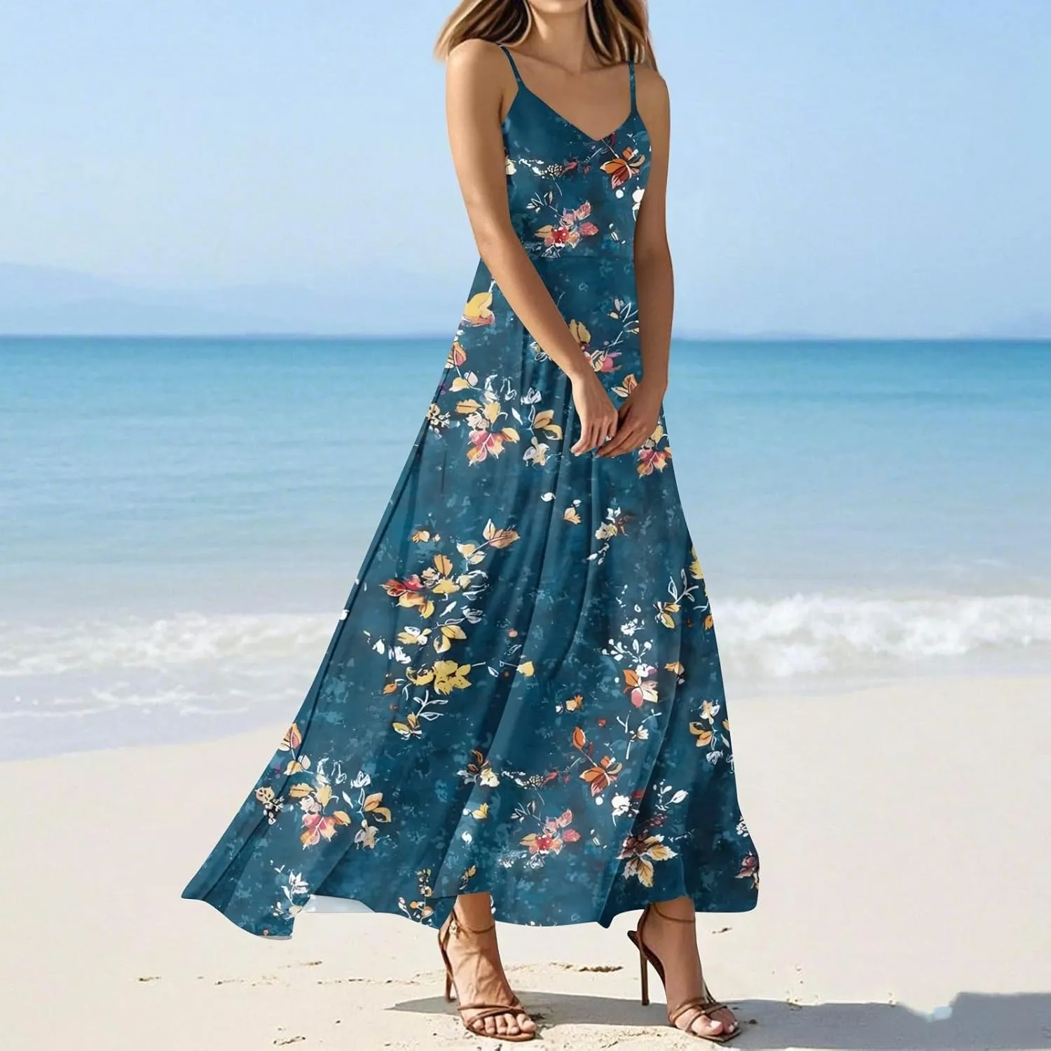 Summer Dresses for Women 2025 Spring Adjustable Spaghetti Strap Maxi Dress Floral Beach Vacation Long Sundress
