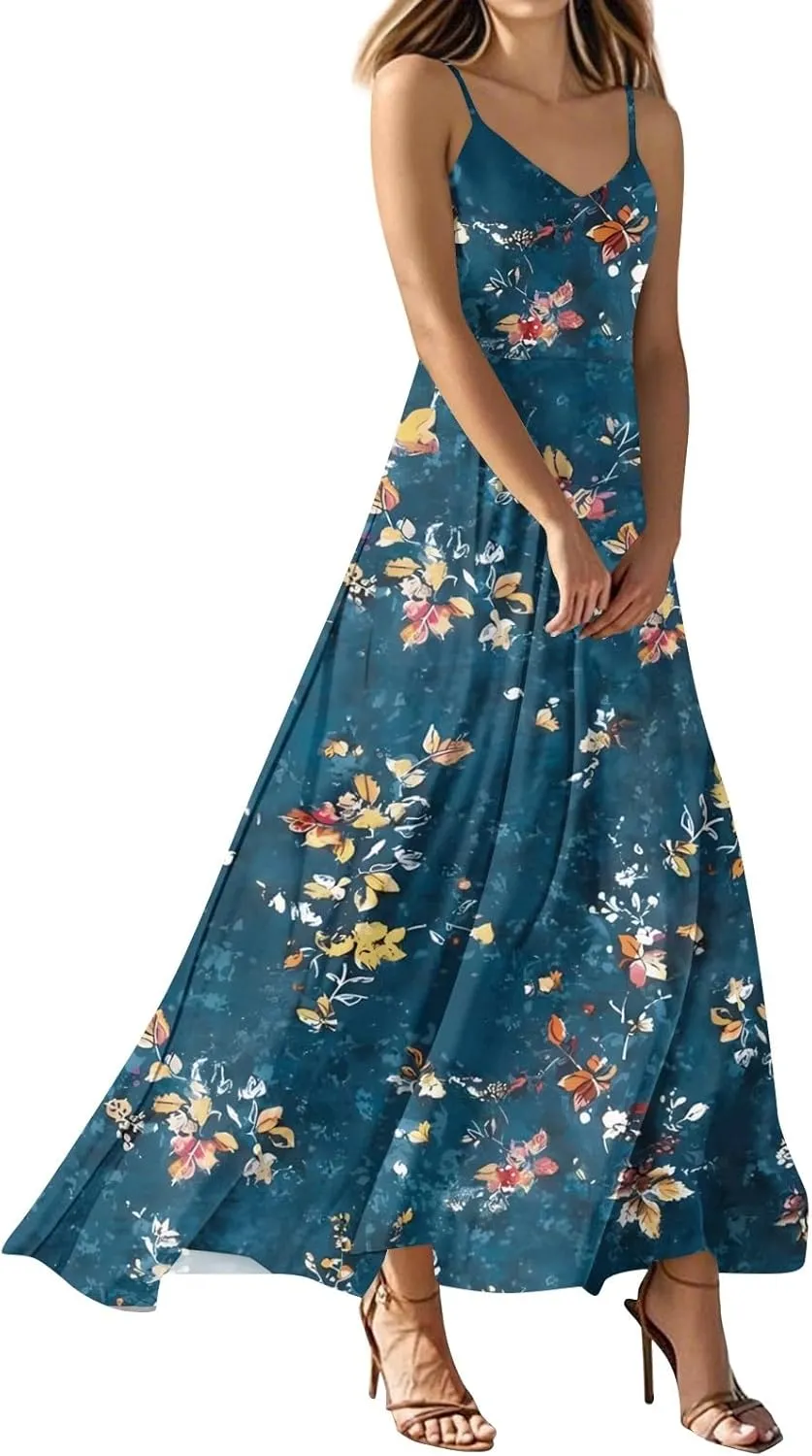 Summer Dresses for Women 2025 Spring Adjustable Spaghetti Strap Maxi Dress Floral Beach Vacation Long Sundress