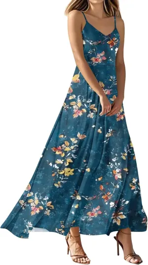 Summer Dresses for Women 2025 Spring Adjustable Spaghetti Strap Maxi Dress Floral Beach Vacation Long Sundress