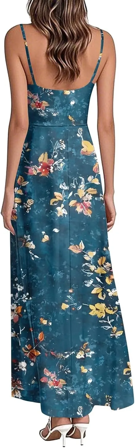 Summer Dresses for Women 2025 Spring Adjustable Spaghetti Strap Maxi Dress Floral Beach Vacation Long Sundress