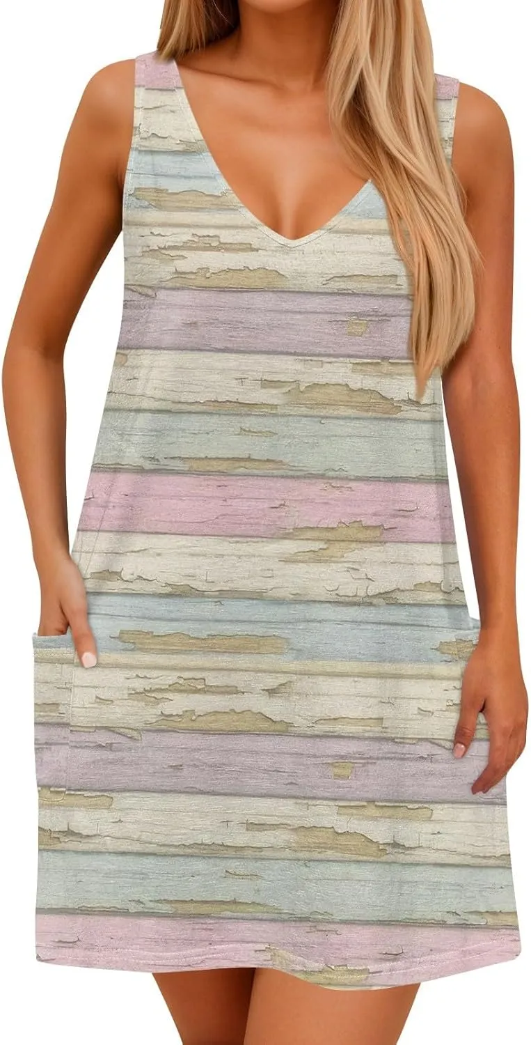Summer Dresses for Women 2025 V Neck Sleeveless Floral Mini Dress Cute Beach Flowy A Line Tshirt Dress with Pockets