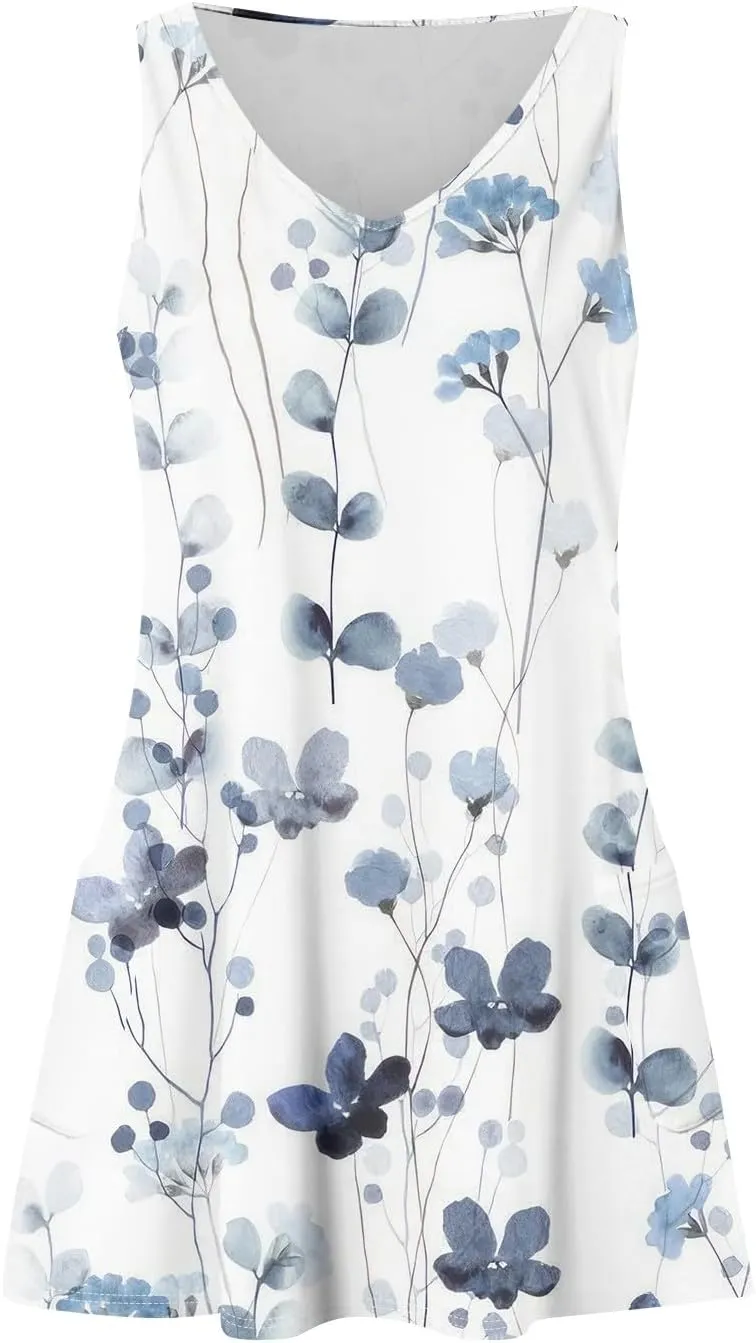 Summer Dresses for Women 2025 V Neck Sleeveless Floral Mini Dress Cute Beach Flowy A Line Tshirt Dress with Pockets