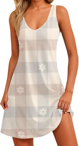 Summer Dresses for Women 2025 V Neck Sleeveless Floral Mini Dress Cute Beach Flowy A Line Tshirt Dress with Pockets