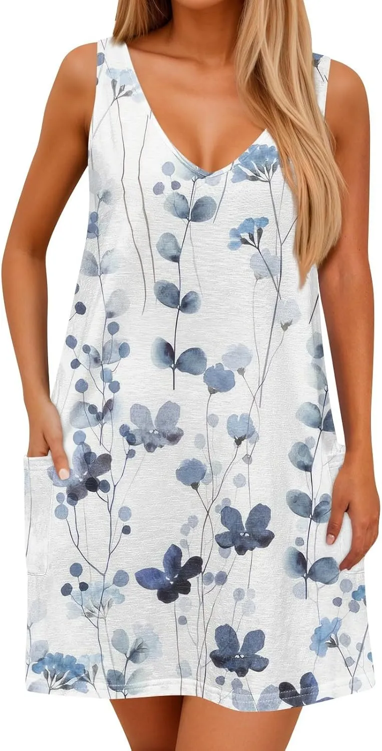 Summer Dresses for Women 2025 V Neck Sleeveless Floral Mini Dress Cute Beach Flowy A Line Tshirt Dress with Pockets