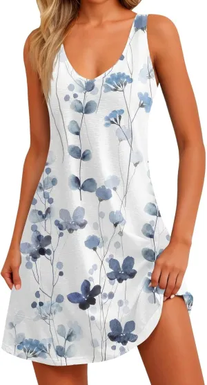 Summer Dresses for Women 2025 V Neck Sleeveless Floral Mini Dress Cute Beach Flowy A Line Tshirt Dress with Pockets