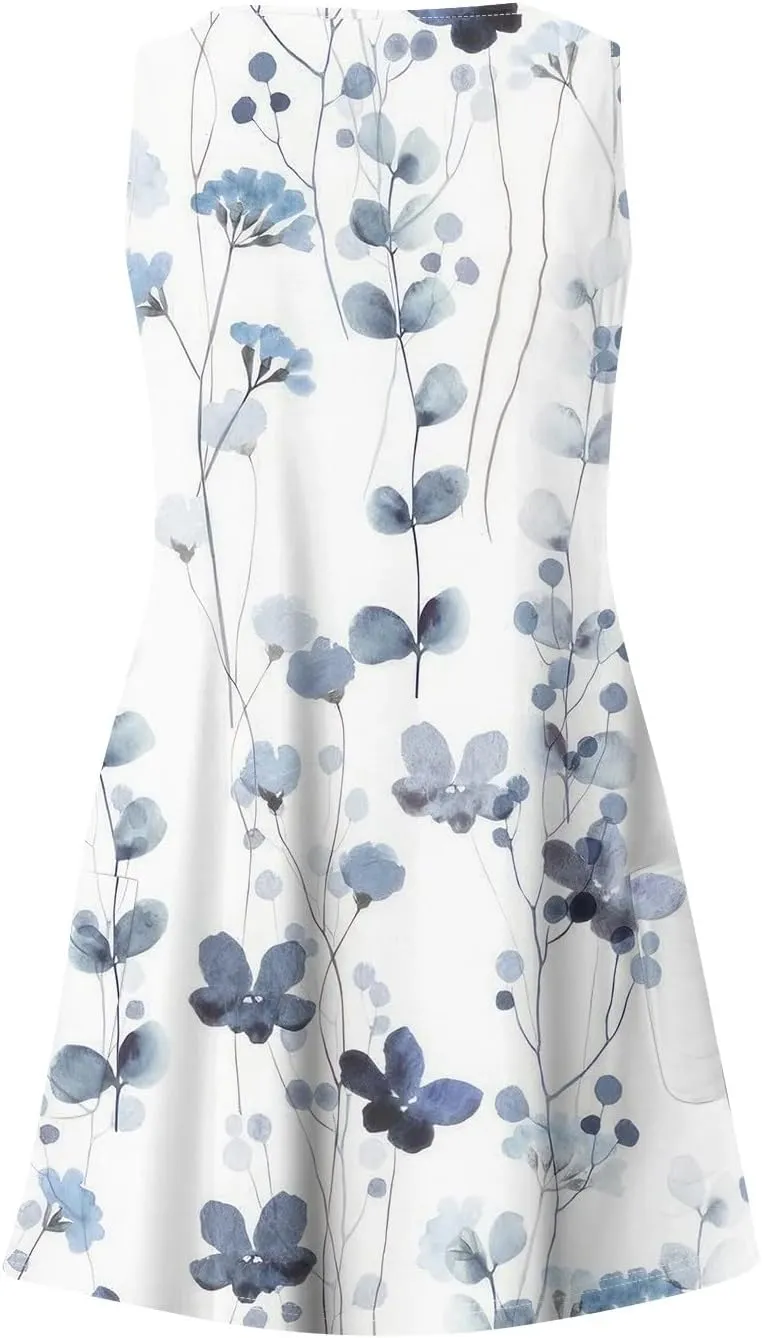 Summer Dresses for Women 2025 V Neck Sleeveless Floral Mini Dress Cute Beach Flowy A Line Tshirt Dress with Pockets