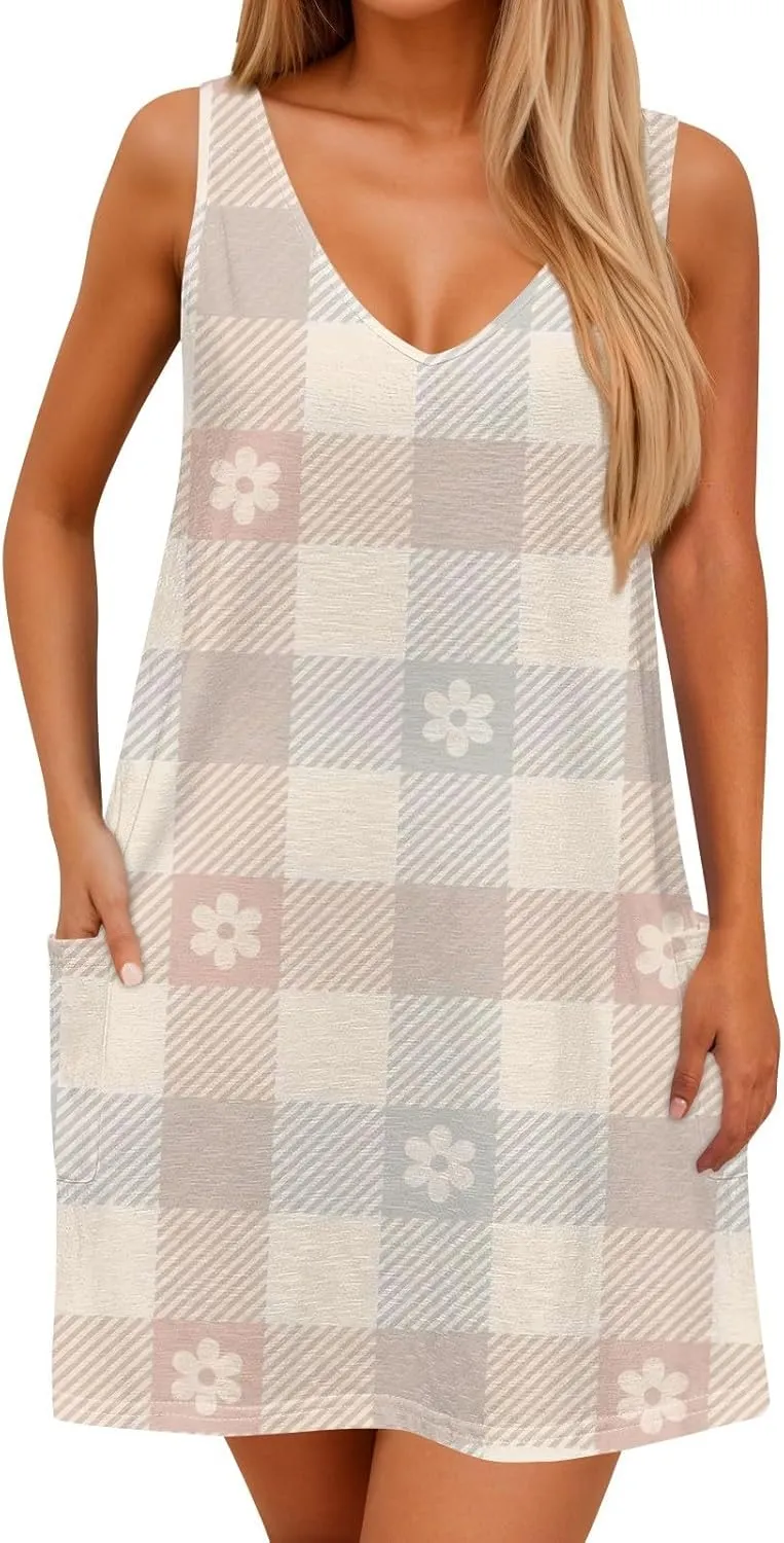 Summer Dresses for Women 2025 V Neck Sleeveless Floral Mini Dress Cute Beach Flowy A Line Tshirt Dress with Pockets