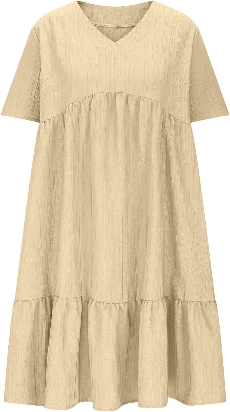 Summer Dresses for Women 2025 Vacation,Short Sleeve V Neck Mini T Shirt Dress Pleated Ruffle Flowy Beach Sundresses