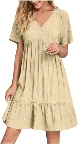 Summer Dresses for Women 2025 Vacation,Short Sleeve V Neck Mini T Shirt Dress Pleated Ruffle Flowy Beach Sundresses