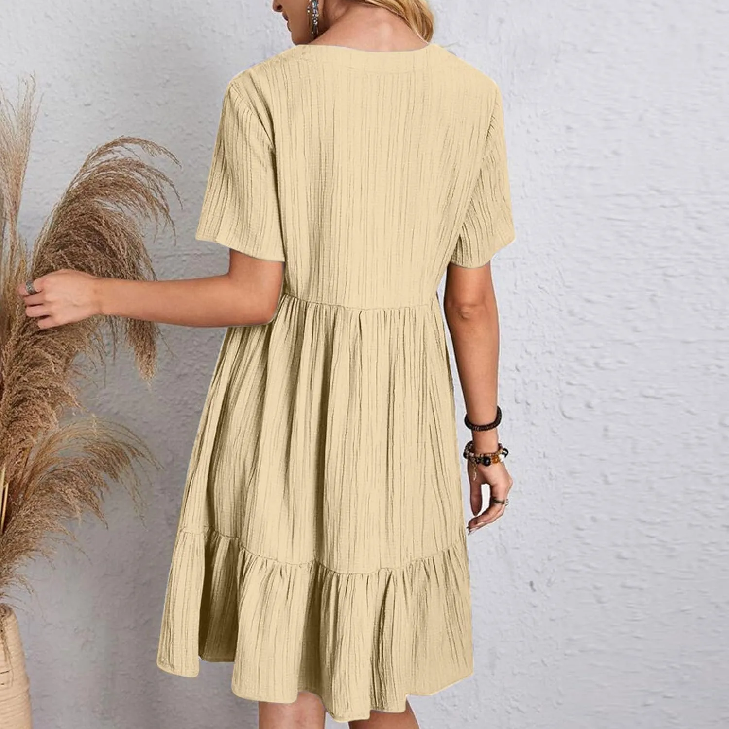 Summer Dresses for Women 2025 Vacation,Short Sleeve V Neck Mini T Shirt Dress Pleated Ruffle Flowy Beach Sundresses