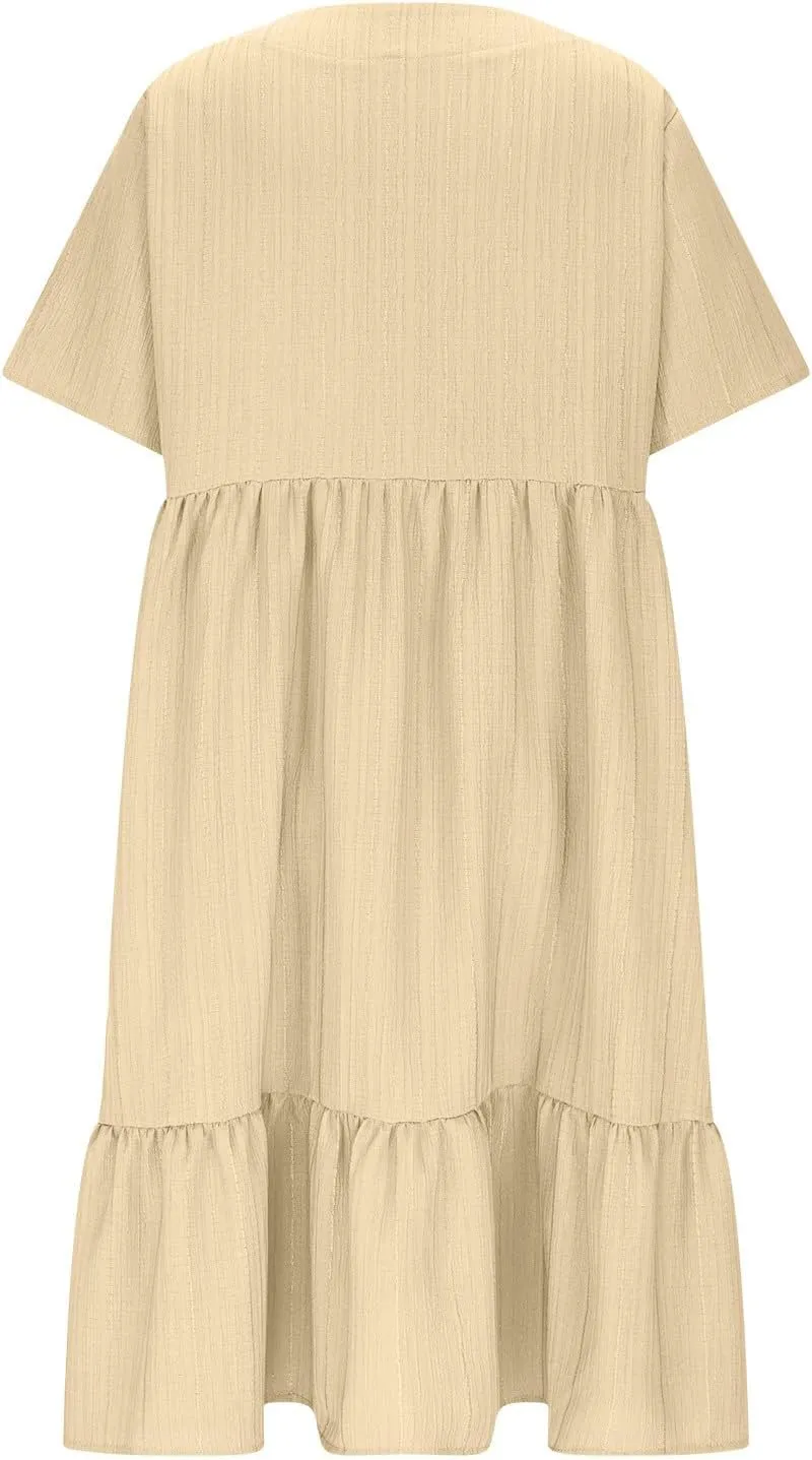 Summer Dresses for Women 2025 Vacation,Short Sleeve V Neck Mini T Shirt Dress Pleated Ruffle Flowy Beach Sundresses