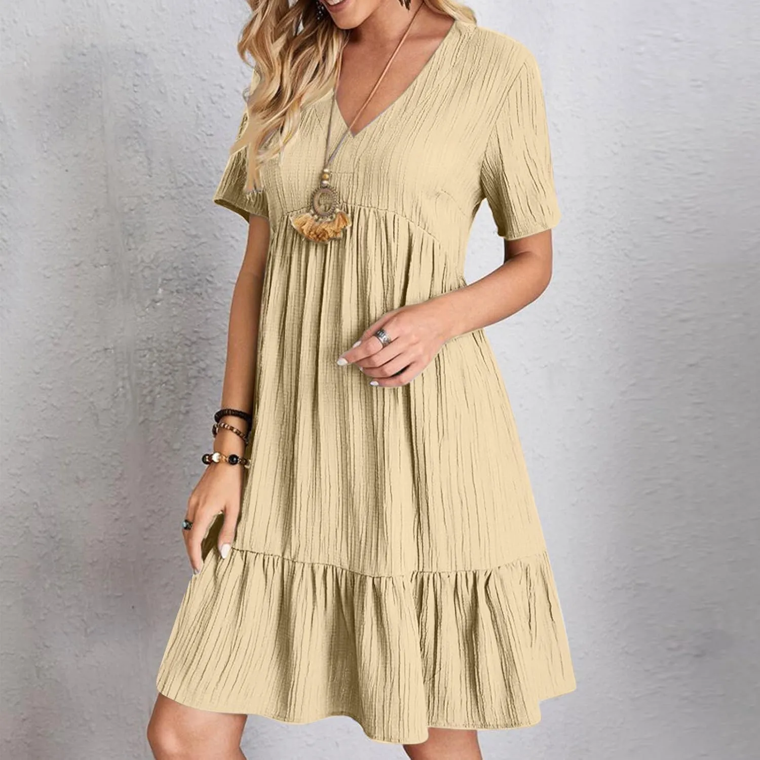 Summer Dresses for Women 2025 Vacation,Short Sleeve V Neck Mini T Shirt Dress Pleated Ruffle Flowy Beach Sundresses