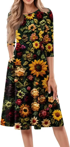 Summer Dresses for Women Aline Flowy Tshirt Dress Casual Floral 3/4 Sleeve Dress Beach Midi Dresses with Pockets