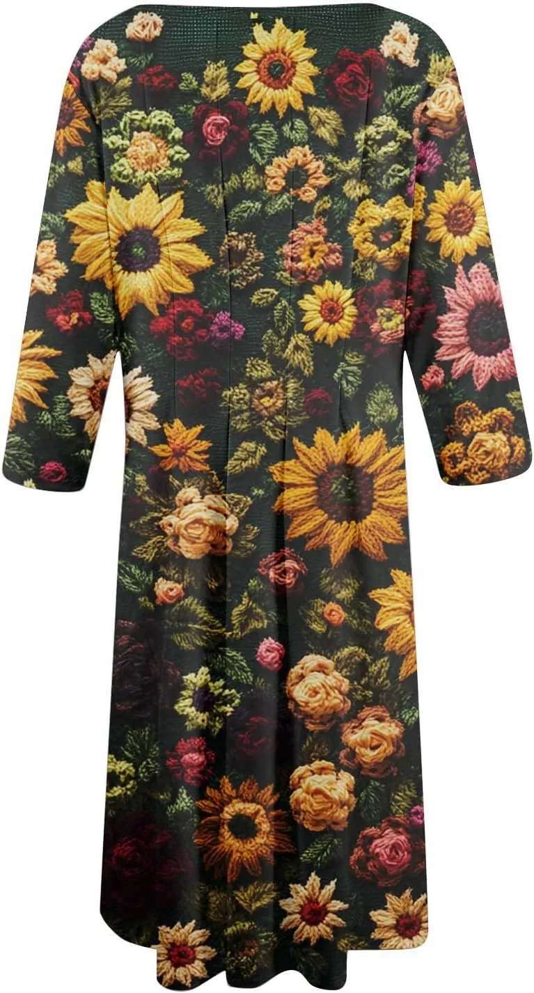 Summer Dresses for Women Aline Flowy Tshirt Dress Casual Floral 3/4 Sleeve Dress Beach Midi Dresses with Pockets