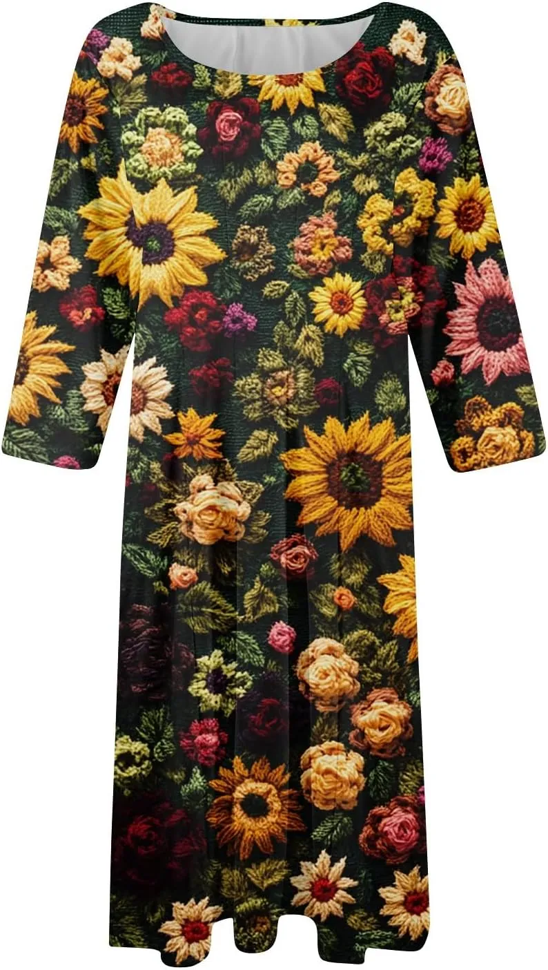 Summer Dresses for Women Aline Flowy Tshirt Dress Casual Floral 3/4 Sleeve Dress Beach Midi Dresses with Pockets