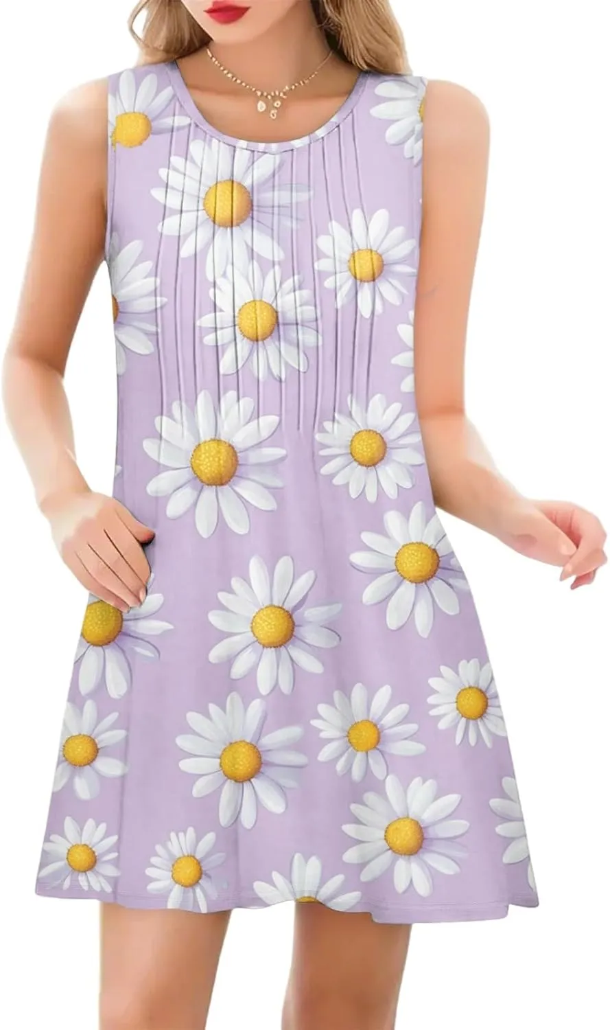 Summer Dresses for Women Casual Round Neck Aline Sleeveless Mini Dress Floral Print Tropical Tank Dress