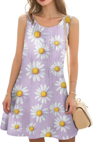 Summer Dresses for Women Casual Round Neck Aline Sleeveless Mini Dress Floral Print Tropical Tank Dress