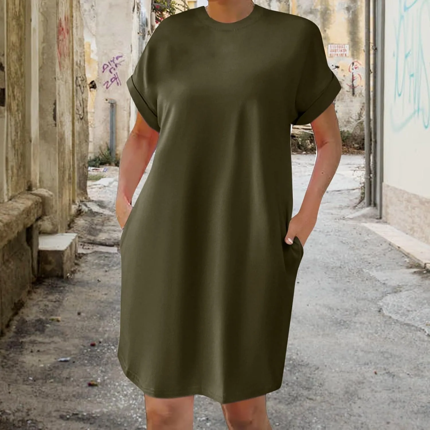 Summer Dresses for Women Casual Short Sleeve T Shirt Beach Sundress Nightgown Crew Neck Loose Fit Dress with Pockets