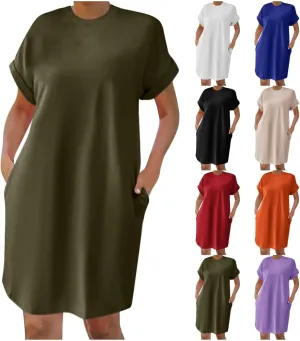Summer Dresses for Women Casual Short Sleeve T Shirt Beach Sundress Nightgown Crew Neck Loose Fit Dress with Pockets