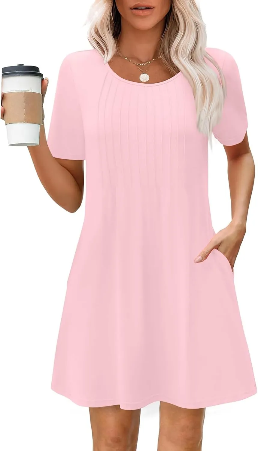 Summer Dresses for Women Casual Spring Midi Dress Short Sleeve Ruffle Hem Crewneck Solid Color Loose Pleated Smock Mini Dress