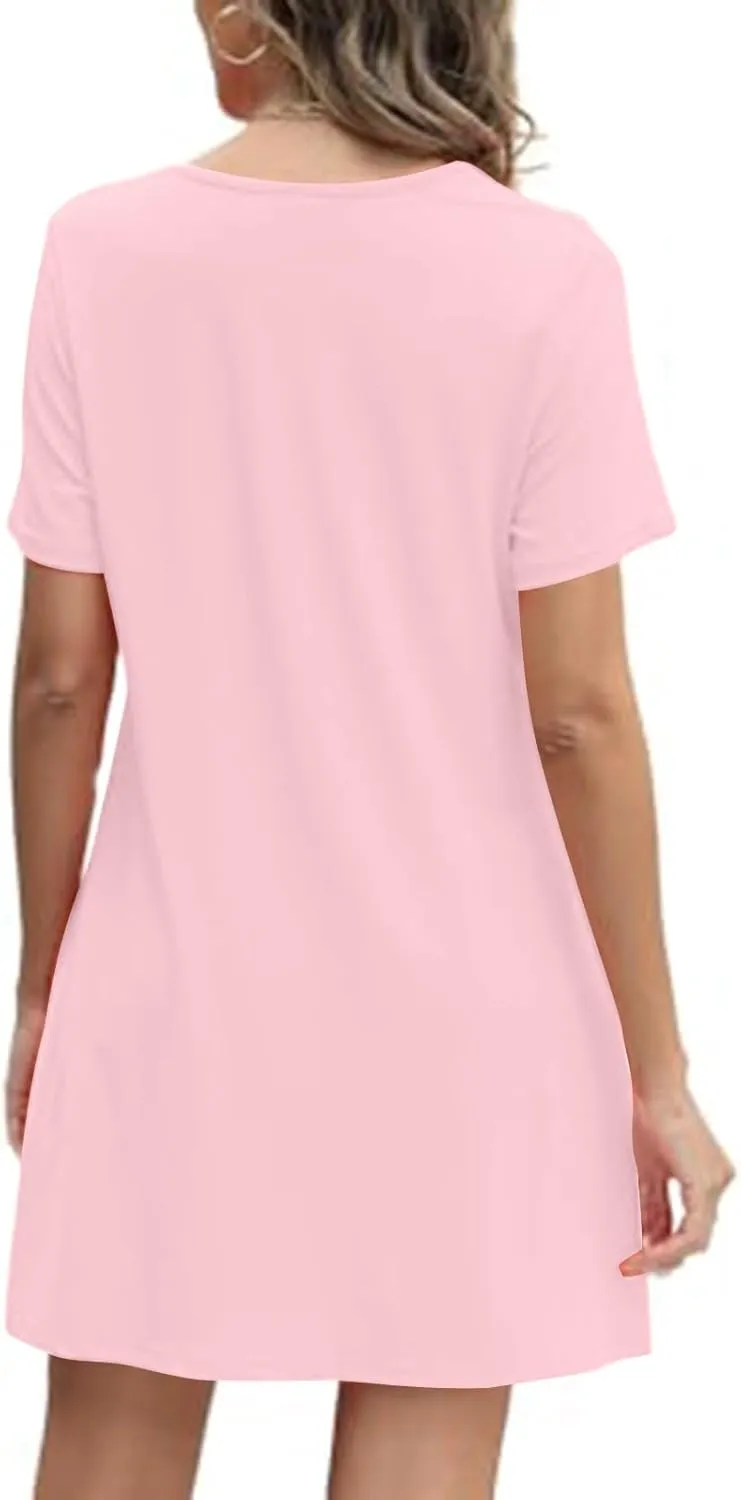 Summer Dresses for Women Casual Spring Midi Dress Short Sleeve Ruffle Hem Crewneck Solid Color Loose Pleated Smock Mini Dress