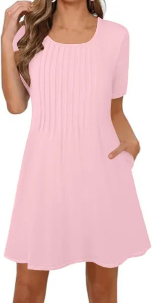Summer Dresses for Women Casual Spring Midi Dress Short Sleeve Ruffle Hem Crewneck Solid Color Loose Pleated Smock Mini Dress