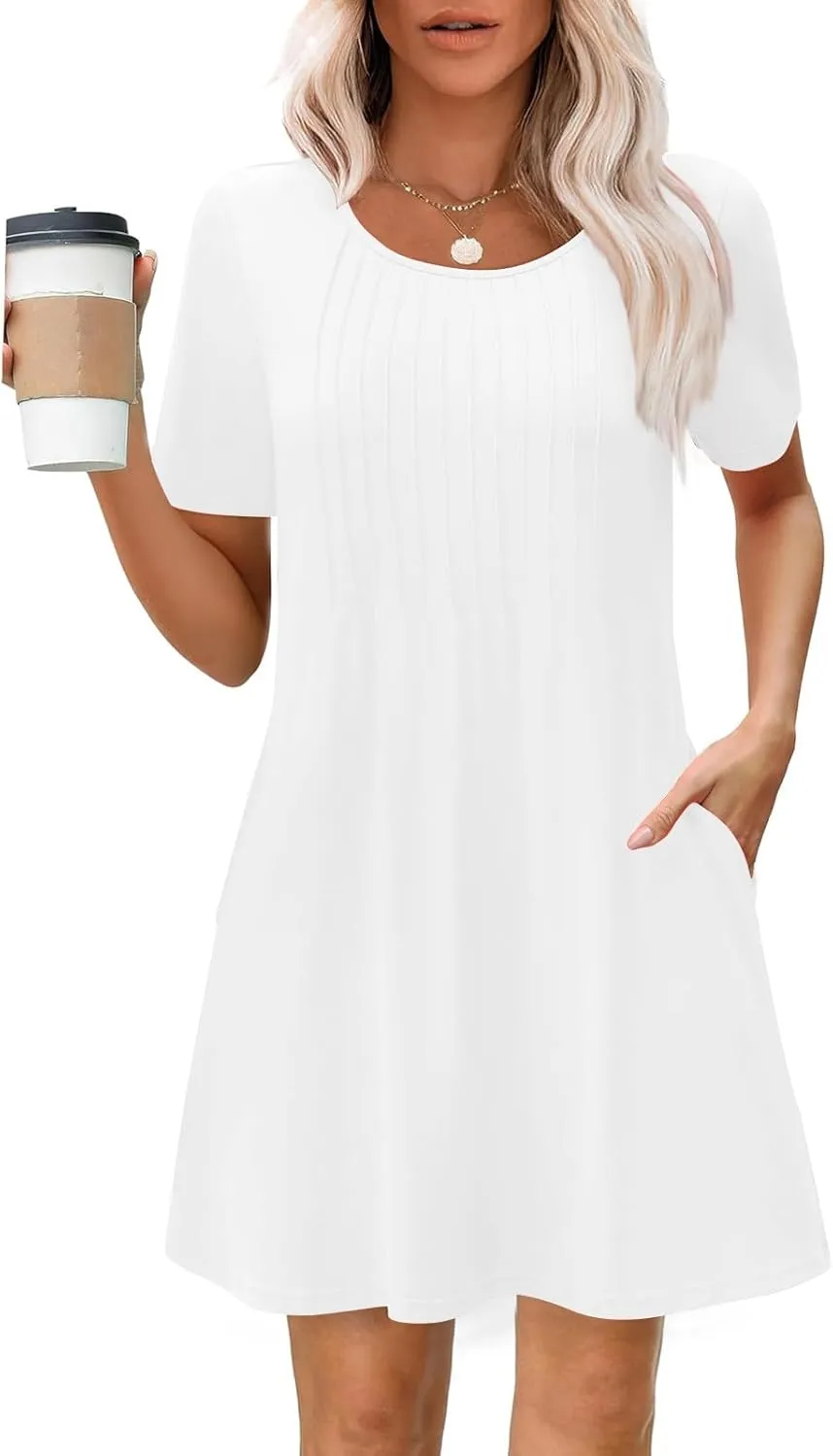 Summer Dresses for Women Casual Spring Midi Dress Short Sleeve Ruffle Hem Crewneck Solid Color Loose Pleated Smock Mini Dress