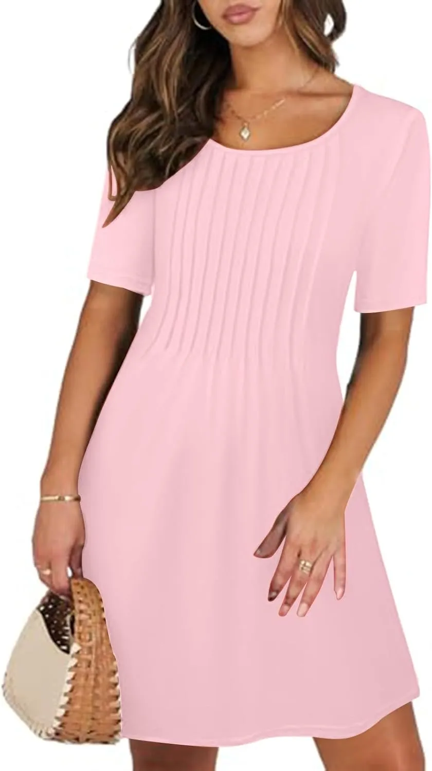 Summer Dresses for Women Casual Spring Midi Dress Short Sleeve Ruffle Hem Crewneck Solid Color Loose Pleated Smock Mini Dress