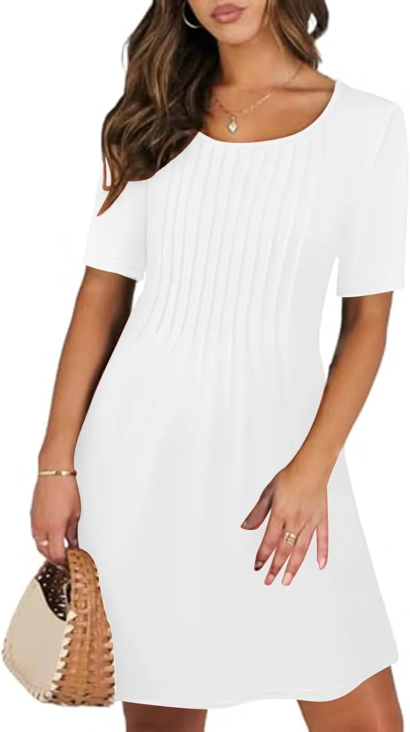 Summer Dresses for Women Casual Spring Midi Dress Short Sleeve Ruffle Hem Crewneck Solid Color Loose Pleated Smock Mini Dress