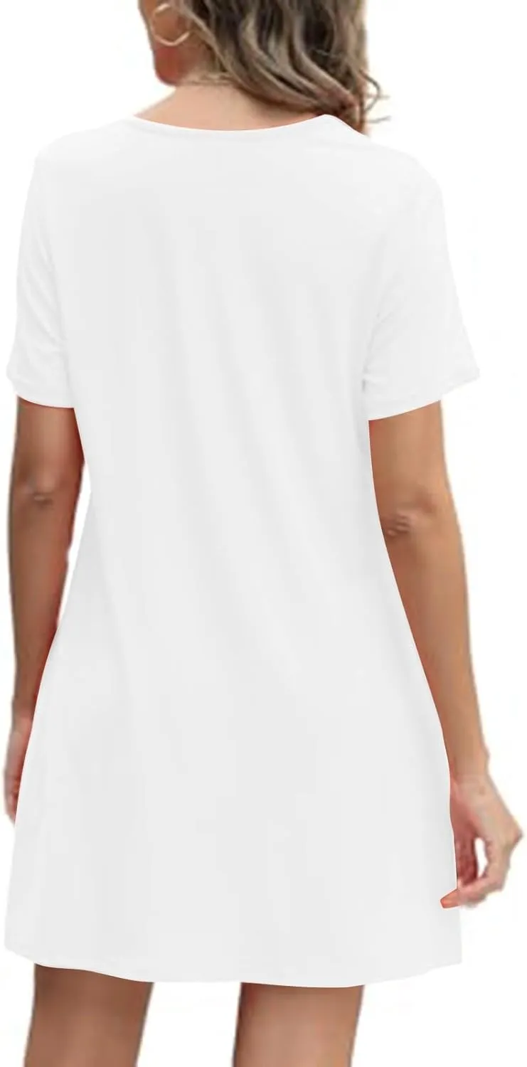 Summer Dresses for Women Casual Spring Midi Dress Short Sleeve Ruffle Hem Crewneck Solid Color Loose Pleated Smock Mini Dress