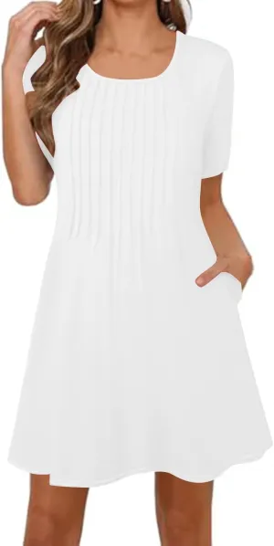 Summer Dresses for Women Casual Spring Midi Dress Short Sleeve Ruffle Hem Crewneck Solid Color Loose Pleated Smock Mini Dress