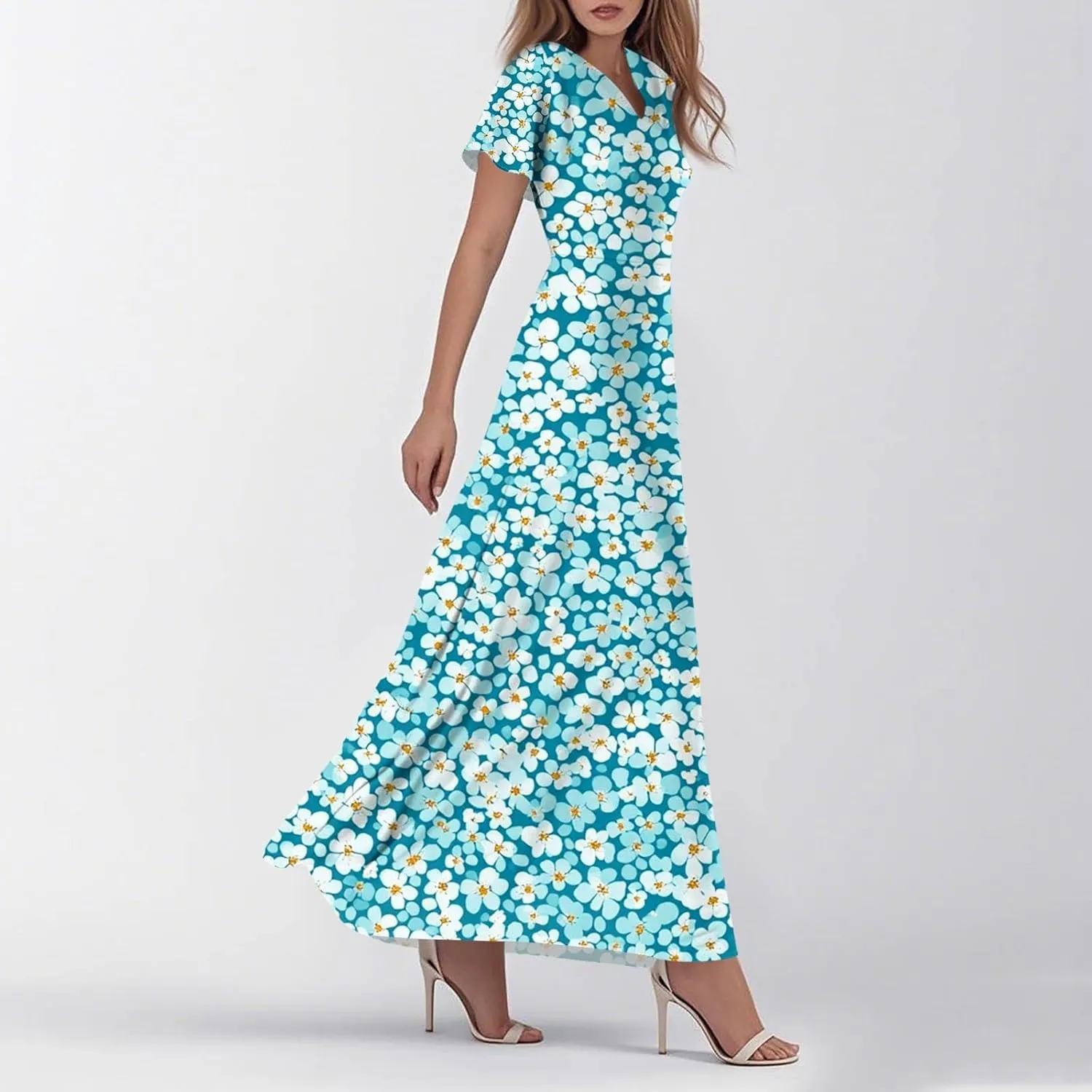 Summer Dresses for Women Casual Trendy Short Sleeve V-Neck Floral Print Flowy Boho Maxi Vacation Dress, XS-2XL