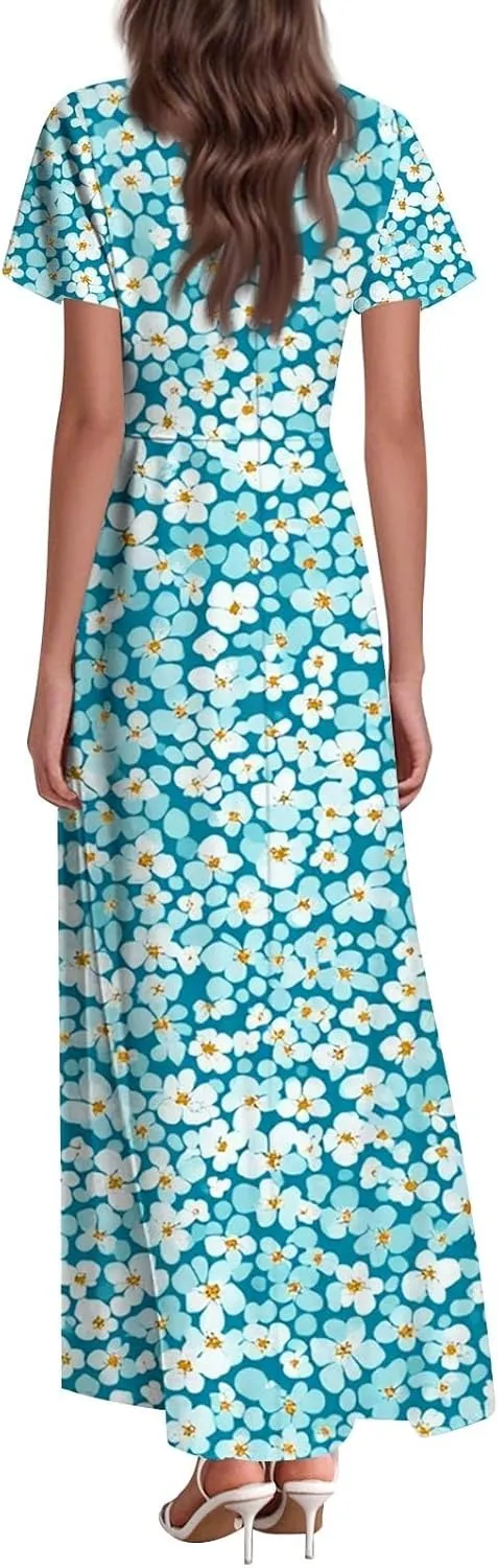 Summer Dresses for Women Casual Trendy Short Sleeve V-Neck Floral Print Flowy Boho Maxi Vacation Dress, XS-2XL