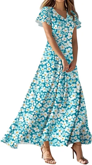 Summer Dresses for Women Casual Trendy Short Sleeve V-Neck Floral Print Flowy Boho Maxi Vacation Dress, XS-2XL