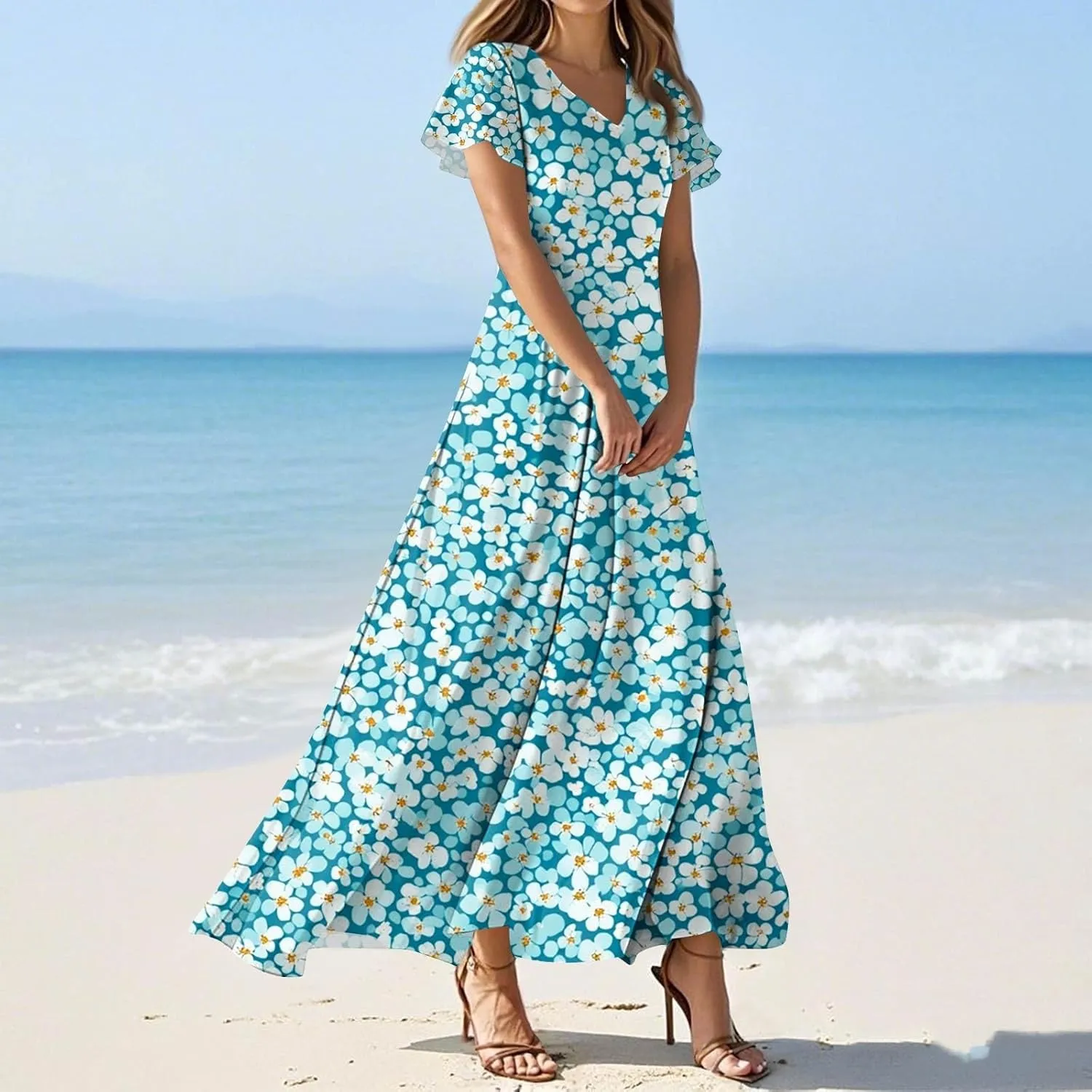 Summer Dresses for Women Casual Trendy Short Sleeve V-Neck Floral Print Flowy Boho Maxi Vacation Dress, XS-2XL