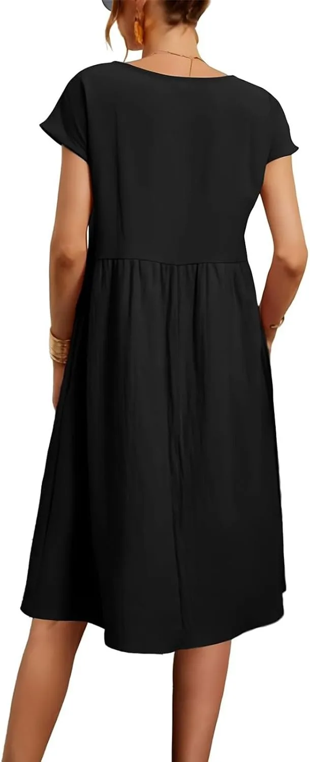 Summer Dresses for Women Linen Cotton Short Sleeve Boho Midi Dress Crew Neck Baggy Tunic Dresses with Pockets Beach Fashion