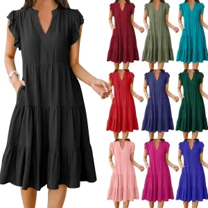 Summer Dresses for Women Ruffle Sleeve V Neck Midi Dresses Casual Fit Flowy Tiered Boho Beach Sundress with Pocket