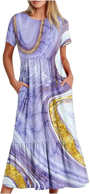 Summer Dresses Women 2024 Casual Short Sleeve Boho Flowy Sundress Crewneck Floral Tiered Maxi Dress with Pockets